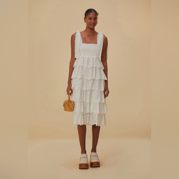 Farm Rio Off-White Embroidered Ruffle Midi Dress